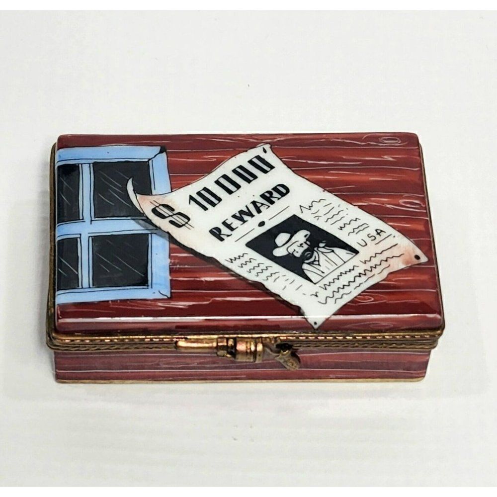 LIMOGES Sheriff's Gun in Wanted Poster Case Box Trinket Marque Deposee (Retired)